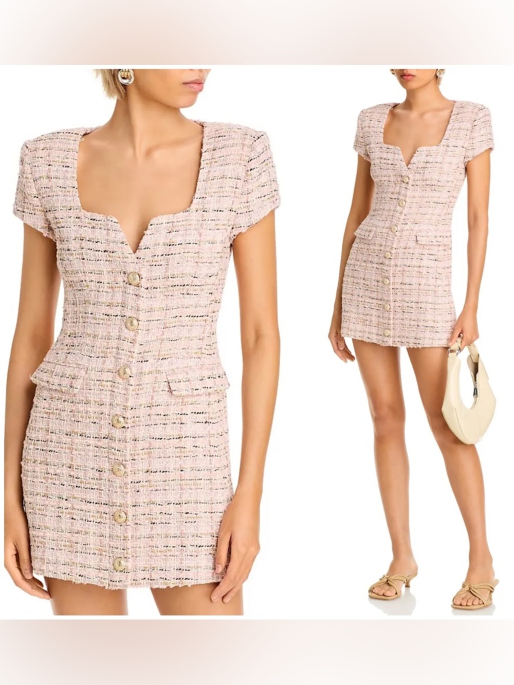 Generation Love Brunella Tweed Button-Front Pink Melange Mini Dress NWT $465